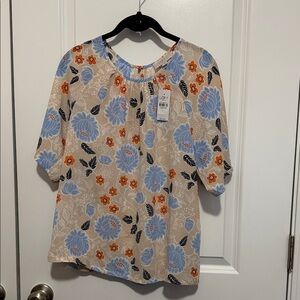 LOFT Beige Blouse with Blue and Orange Floral Design